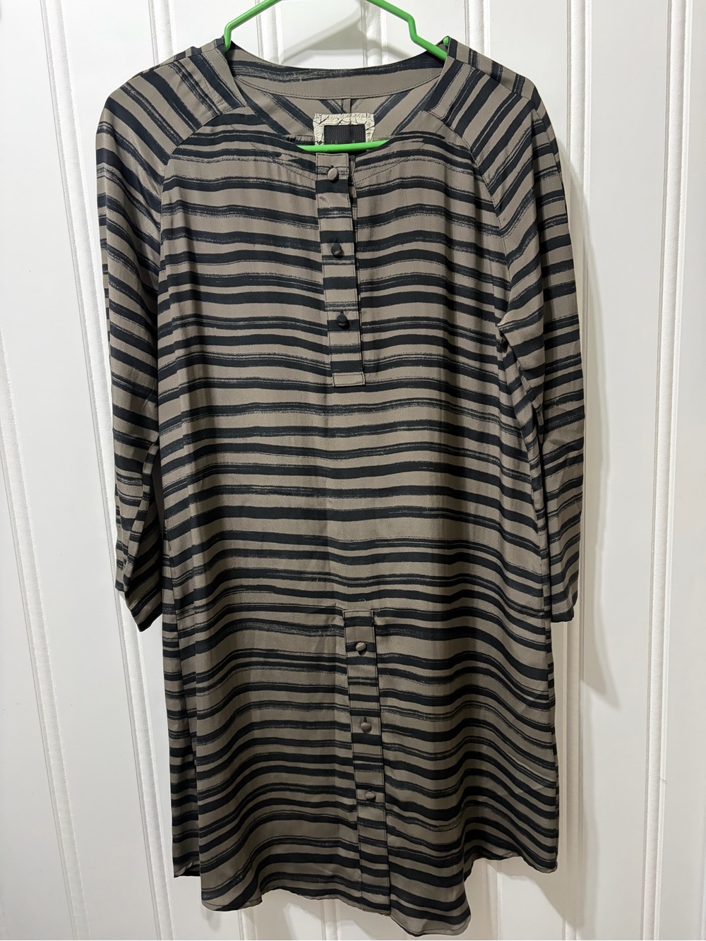 Kelly Wearstler 100% Silk Olive Black Striped Tunic Dress Size 6